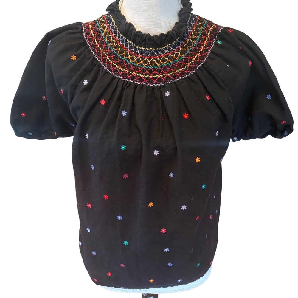 Sezane Dakota Black Embroidered Floral Top Linen Cotton Sz 36 or U.S. 4 Spring